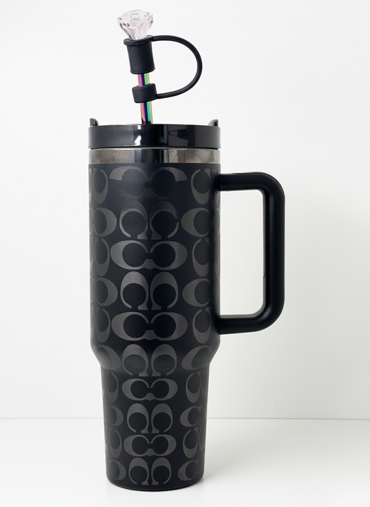 1,18 l Edelstahl Thermobecher mit holografischem Monogramm – Schwarz-Silber