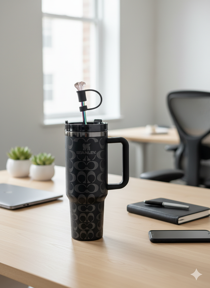 1,18 l Edelstahl Thermobecher mit holografischem Monogramm – Schwarz-Silber