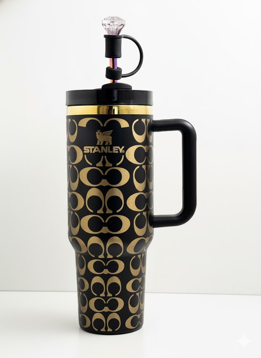 1,18 l Edelstahl Thermobecher mit holografischem Monogramm – Schwarz-Gold