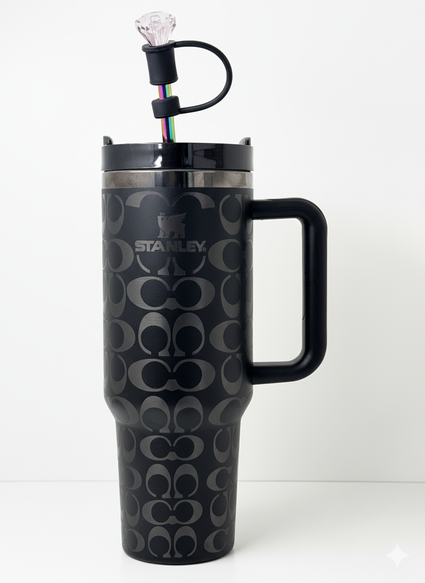 1,18 l Edelstahl Thermobecher mit holografischem Monogramm – Schwarz-Silber