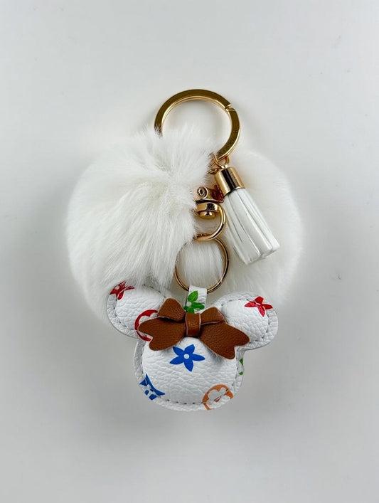 White Fluffy Pom Pom Keychain with Multicolor LV